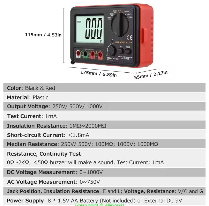 Portable GT5306A Digital Display Insulation/Continuity Tester DC 250V/500V/1000V AC 750V For Electric Power Facilities