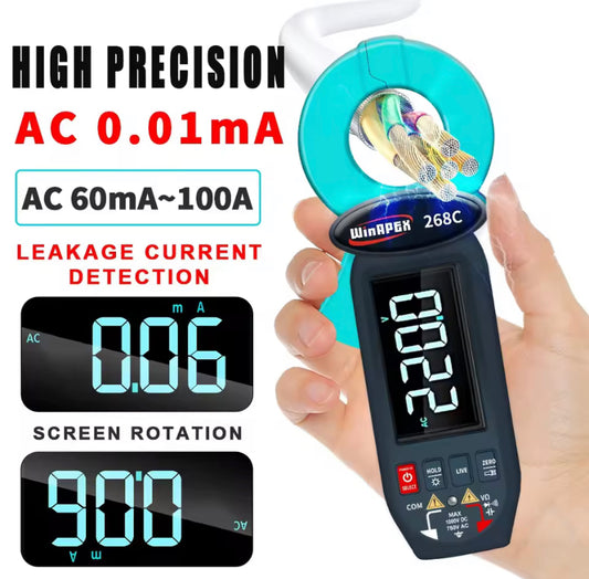 Winapex 268C Digital Clamp Meter 0.01mA Electrical Leak Current Detect Ammeter AC 60mA-100A Ture RMS LCD Multimeter Electrician Tools