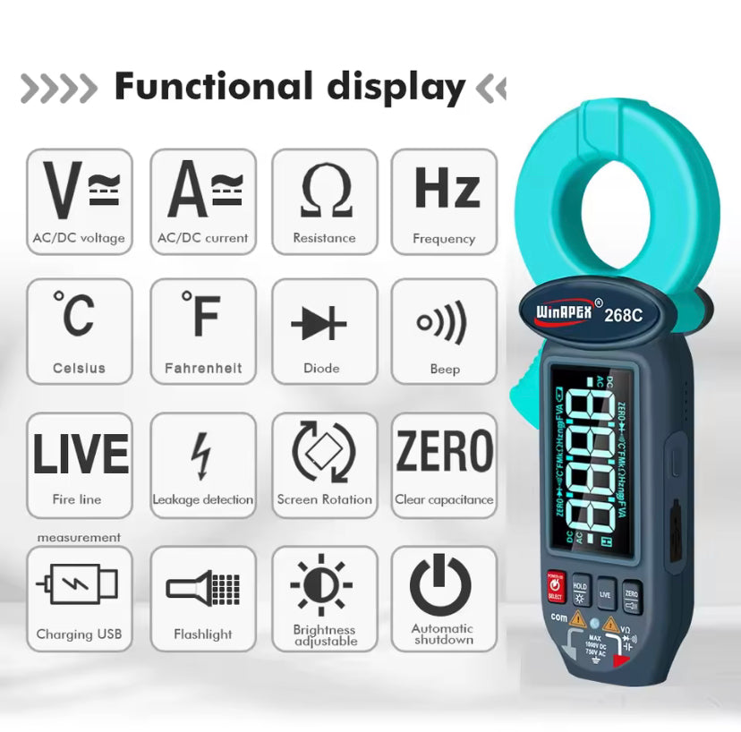 Winapex 268C Digital Clamp Meter 0.01mA Electrical Leak Current Detect Ammeter AC 60mA-100A Ture RMS LCD Multimeter Electrician Tools