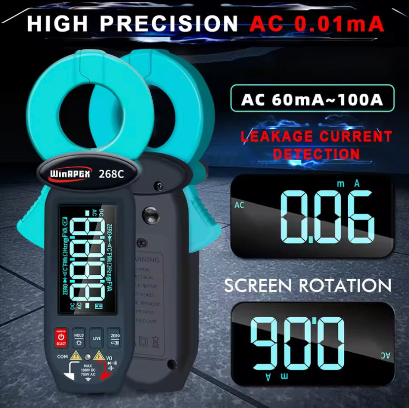 Winapex 268C Digital Clamp Meter 0.01mA Electrical Leak Current Detect Ammeter AC 60mA-100A Ture RMS LCD Multimeter Electrician Tools