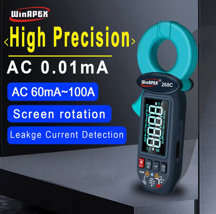 Winapex 268C Digital Clamp Meter 0.01mA Electrical Leak Current Detect Ammeter AC 60mA-100A Ture RMS LCD Multimeter Electrician Tools