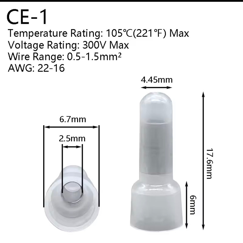 100PCS CE1 CE2 CE5  Closed End Crimp Caps End Wire Connector Nylon Crimp Caps Cable Terminals 22-16 16-14 12-10 AWG