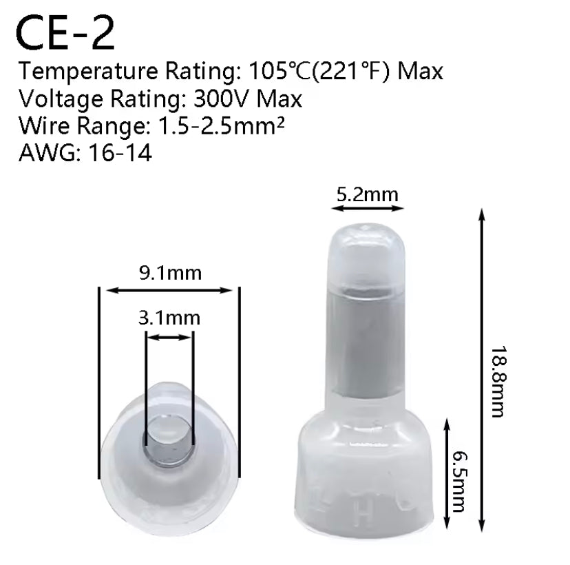100PCS CE1 CE2 CE5  Closed End Crimp Caps End Wire Connector Nylon Crimp Caps Cable Terminals 22-16 16-14 12-10 AWG