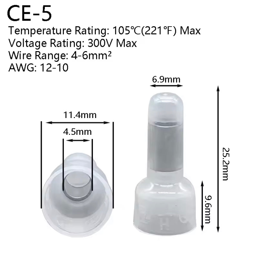 100PCS CE1 CE2 CE5  Closed End Crimp Caps End Wire Connector Nylon Crimp Caps Cable Terminals 22-16 16-14 12-10 AWG