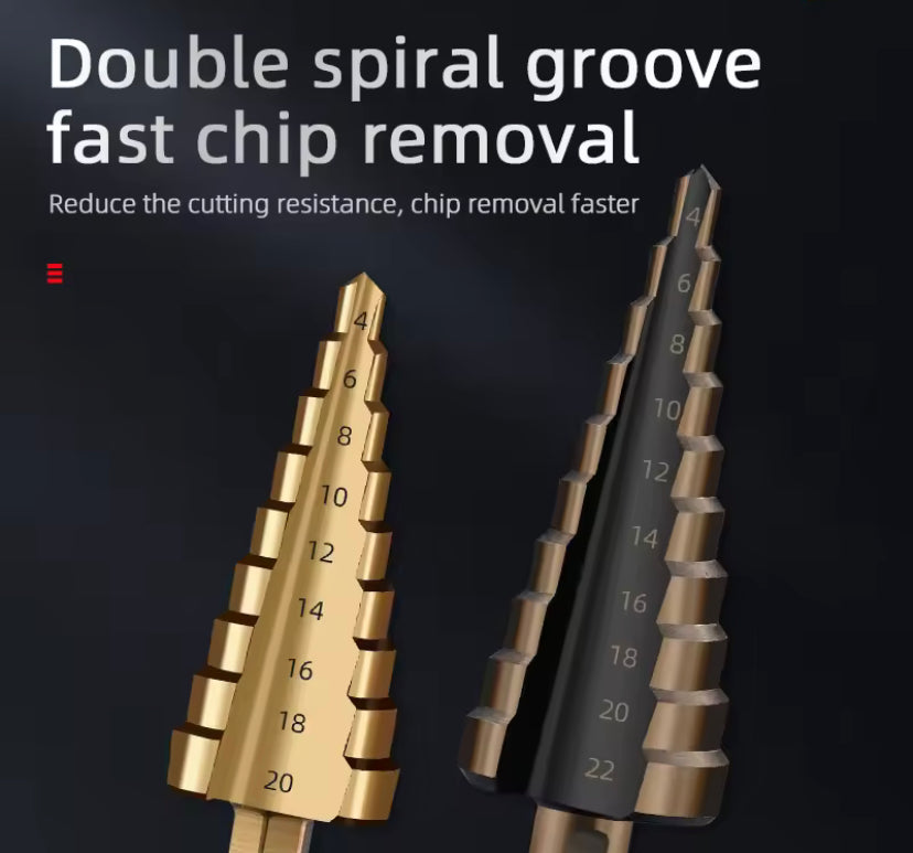 3pcs High-Speed Steel Step Drill Bits Set | Multiple Sizes 50mm, Polished Finish, Suitable for Metal, Wood, Plastic, Aluminum, Titanium, Zinc, Includes Bonus Storage Box