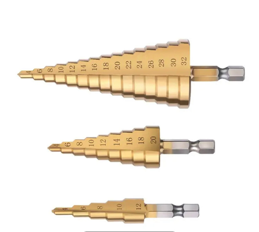 3pcs High-Speed Steel Step Drill Bits Set | Multiple Sizes 50mm, Polished Finish, Suitable for Metal, Wood, Plastic, Aluminum, Titanium, Zinc, Includes Bonus Storage Box