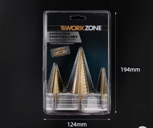 3pcs High-Speed Steel Step Drill Bits Set | Multiple Sizes 50mm, Polished Finish, Suitable for Metal, Wood, Plastic, Aluminum, Titanium, Zinc, Includes Bonus Storage Box