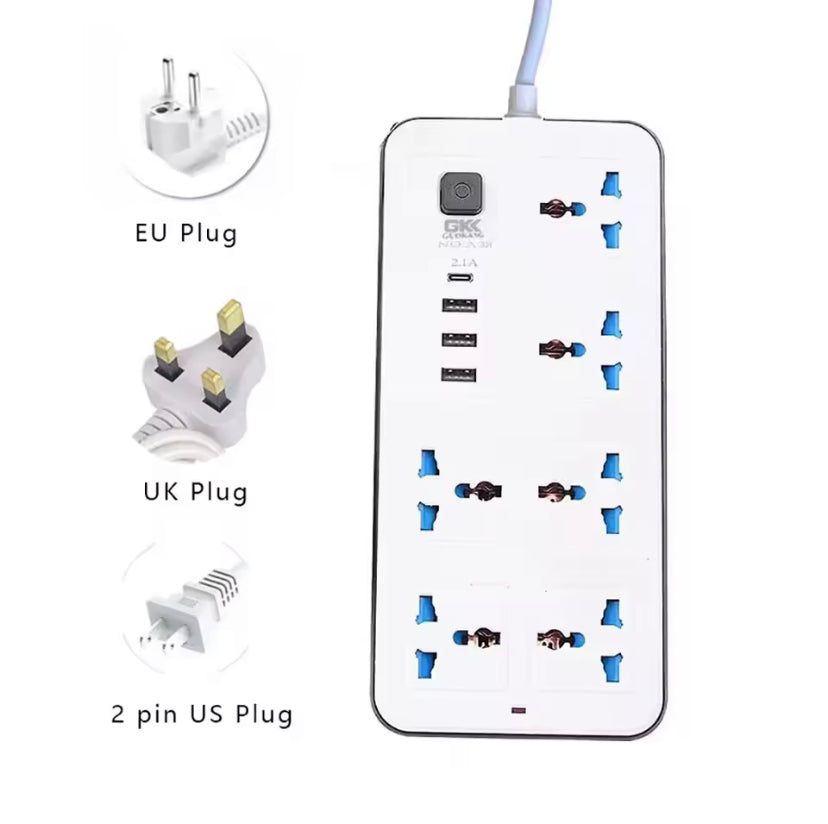 Universal Power Strip UK Plug Electric Extension Socket 2m Cable USB Type C Indicator Light Power Strip Multi Ports Socket