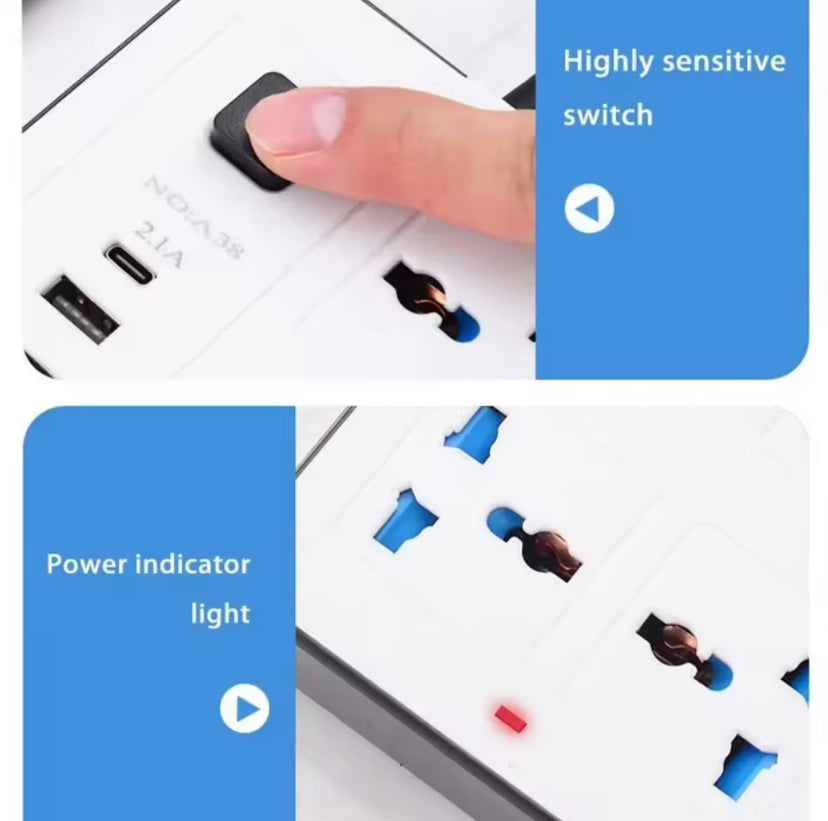 Universal Power Strip UK Plug Electric Extension Socket 2m Cable USB Type C Indicator Light Power Strip Multi Ports Socket