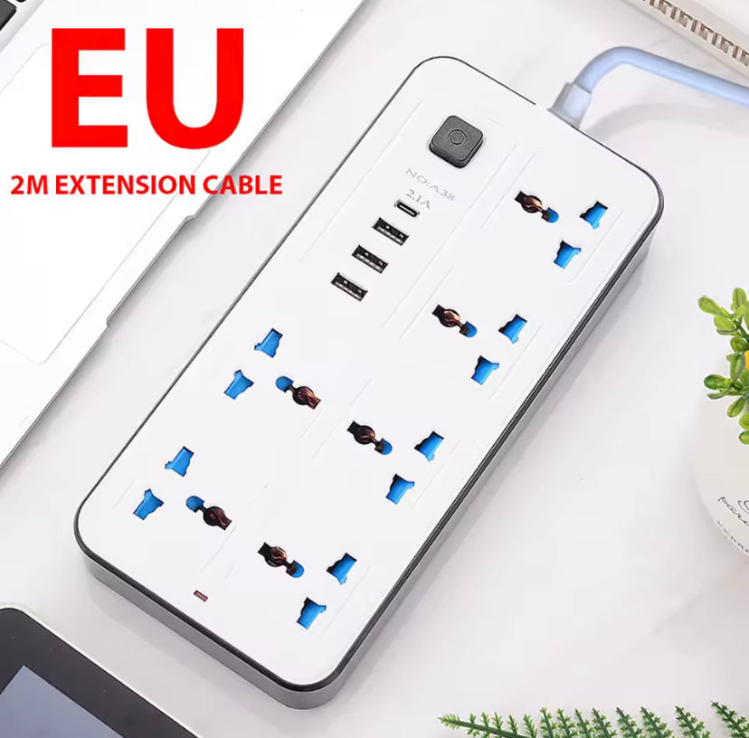 Universal Power Strip UK Plug Electric Extension Socket 2m Cable USB Type C Indicator Light Power Strip Multi Ports Socket