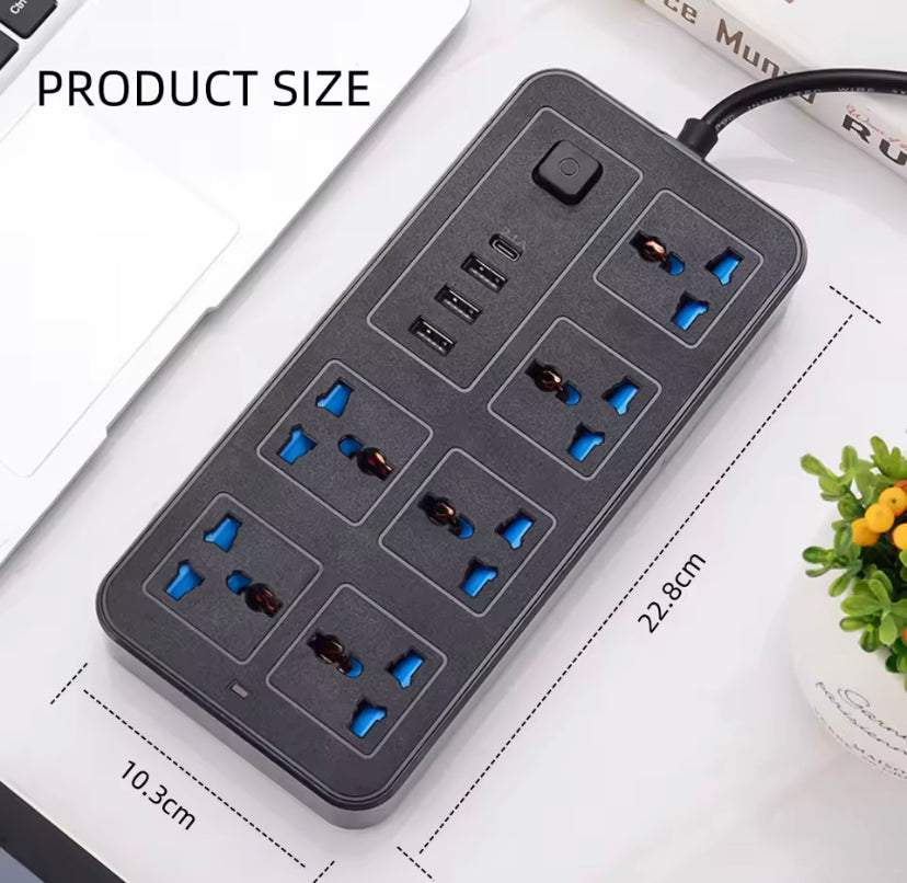 Universal Power Strip UK Plug Electric Extension Socket 2m Cable USB Type C Indicator Light Power Strip Multi Ports Socket