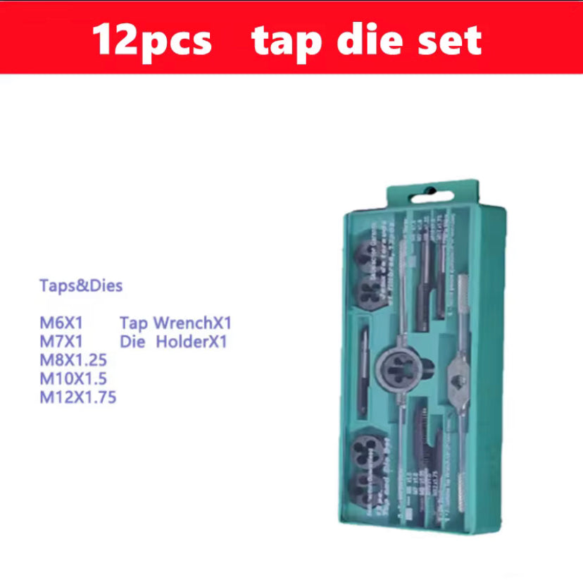CROWNMAN Multifunction Tap and Die Set 12PCS M6-M12 Metric Screw Thread Plugs Hand Taps Straight Taper Threading Kit