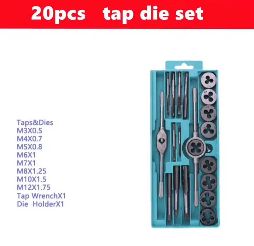 CROWNMAN Multifunction Tap and Die Set 20PCS M3-M12 Metric Screw Thread Plugs Hand Taps Straight Taper Threading Kit