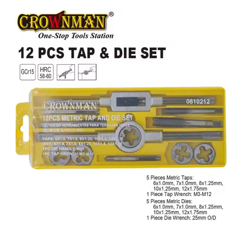 CROWNMAN Multifunction Tap and Die Set 12PCS M6-M12 Metric Screw Thread Plugs Hand Taps Straight Taper Threading Kit