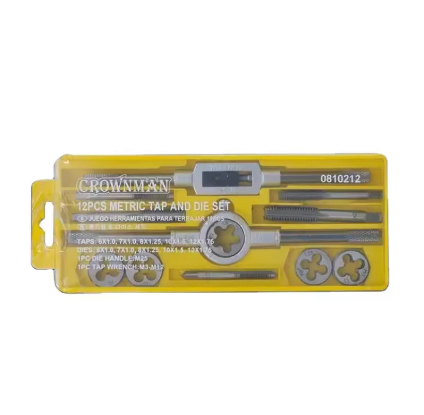 CROWNMAN Multifunction Tap and Die Set 12PCS M6-M12 Metric Screw Thread Plugs Hand Taps Straight Taper Threading Kit