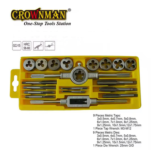 CROWNMAN Multifunction Tap and Die Set 20PCS M3-M12 Metric Screw Thread Plugs Hand Taps Straight Taper Threading Kit