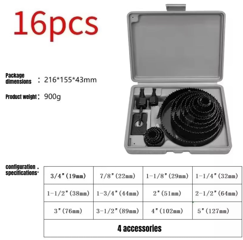 16pcs 19-127mm Hole Saw Set Saw Cup Wood Crown Drill Bit For Gypsum Board Wood PVC Plastic Density Board Metal Woodworking Tools