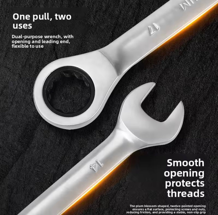 7-Piece Ratchet Wrench Set Dual-purpose Quick Ratchet Wrench Opening Plum Blossom Wrench Quick Removal Industrial Grade 8-19mm