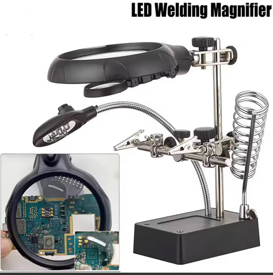 Welding Magnifying Glass 3x Desktop Welding Repair Tool LED Light Auxiliary Clip Loupe Hand Soldering Solder Iron Stand Holder TE800