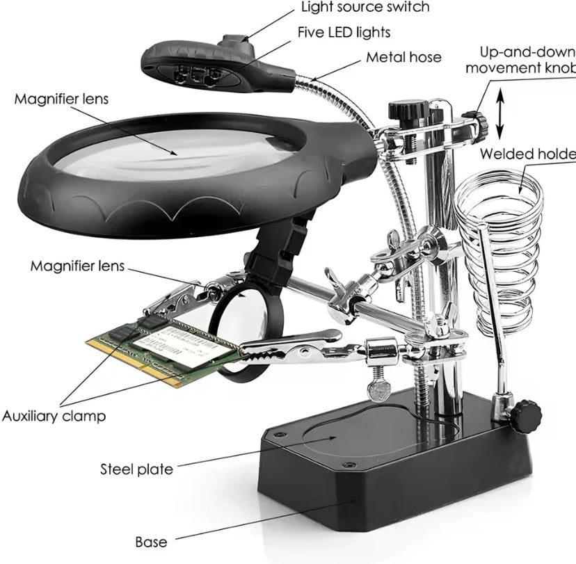 Welding Magnifying Glass 3x Desktop Welding Repair Tool LED Light Auxiliary Clip Loupe Hand Soldering Solder Iron Stand Holder TE800