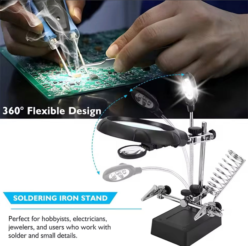 Welding Magnifying Glass 3x Desktop Welding Repair Tool LED Light Auxiliary Clip Loupe Hand Soldering Solder Iron Stand Holder TE800