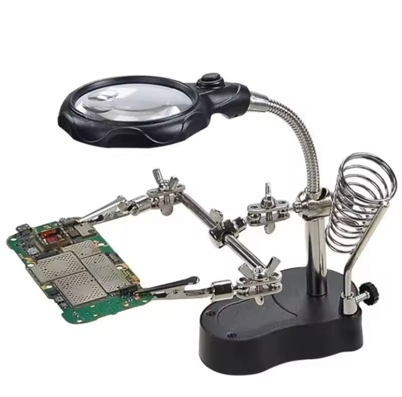 3.5X 12X Helping Hands Third Hand Soldering Iron Welding Stand Station with 2 LED Clip Welding Magnifier Magnifying Glass TE801