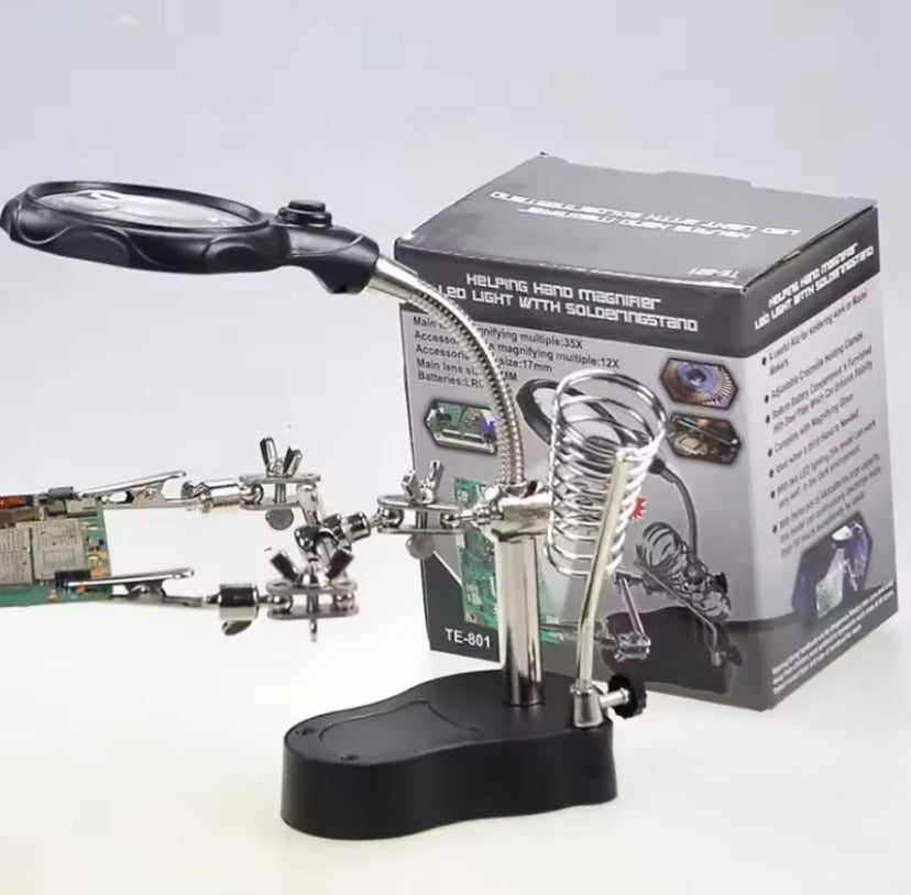 3.5X 12X Helping Hands Third Hand Soldering Iron Welding Stand Station with 2 LED Clip Welding Magnifier Magnifying Glass TE801