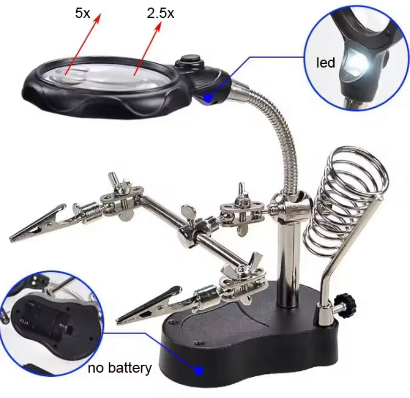 3.5X 12X Helping Hands Third Hand Soldering Iron Welding Stand Station with 2 LED Clip Welding Magnifier Magnifying Glass TE801