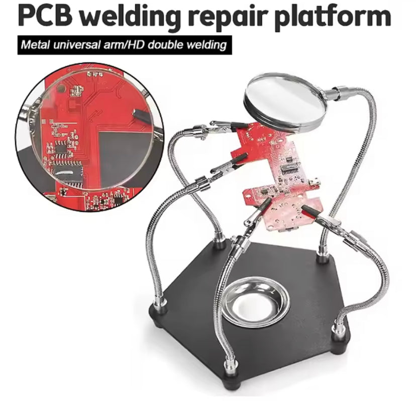 PCB Welding Third Hand Tool Table Clamp Soldering Stand 3X Magnifier 4pc Flexible Arms Bench Vise Soldering Holder Tool TE806