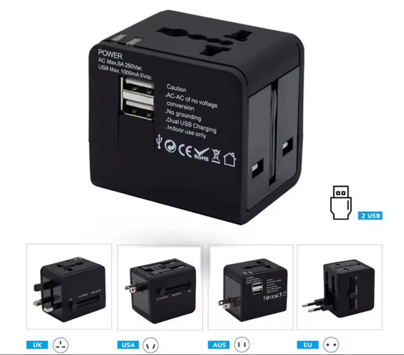 Universal All-in-One Wall Travel Charger Adapter with 2 USB - Includes US EU UK AU Plugs for International Travel