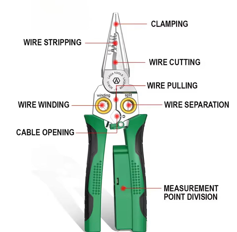 8 in 1 Wire Stripping Needle Nose Pliers Non-slip Multi-function Wire Stripper with Electricity Tester Function