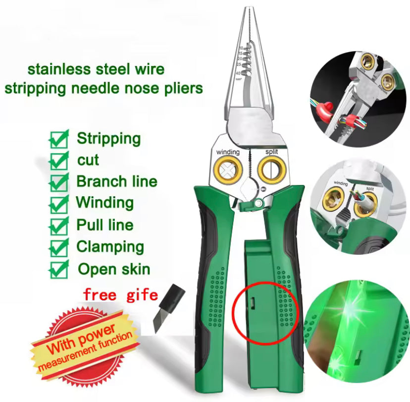 8 in 1 Wire Stripping Needle Nose Pliers Non-slip Multi-function Wire Stripper with Electricity Tester Function