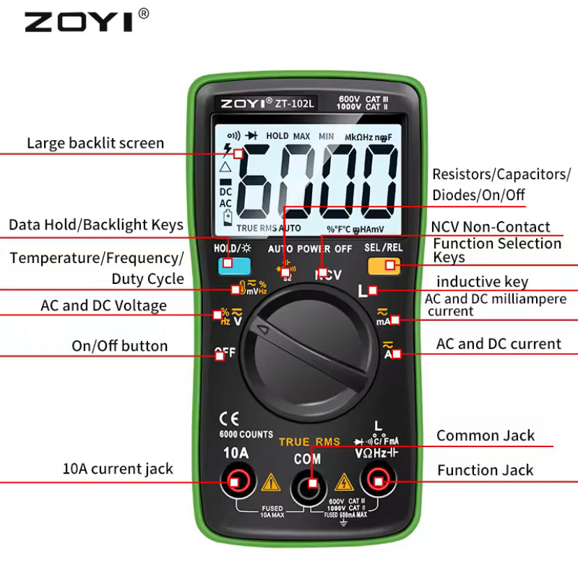 ZOYI New ZT102L Digital Multimeter 6000 Counts Auto Range Backlight AC/DC Ammeter Volt Ohm Tester Portable Meter Multimetro