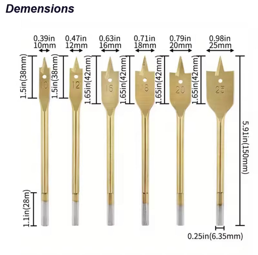 6PCSWoodworking Flat Drill Bits Three-point Bit Set Drawer Door Lock Boring Tool Wood Board Hole Enlarger Flat Drill Combination