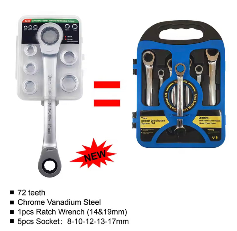 7 In 1 Double Head Reversible Ratchet Combination Spanner Set Mechanic Universal Socket Set Wrench Tool Ratchet Wrench