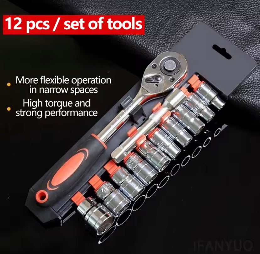 PRIDE 12 Pcs Set Wrench Socket Set 1/2 Inch Metric Impact Sockets Ratchet Spanner Complete Tool Kit Professional Garage Repair Tool