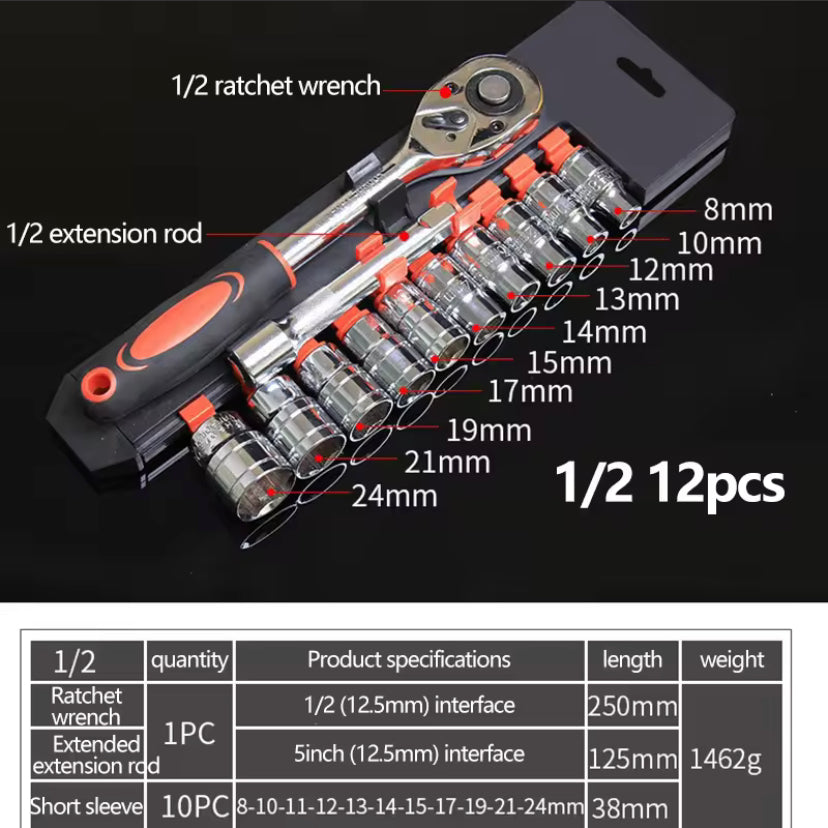 PRIDE 12 Pcs Set Wrench Socket Set 1/2 Inch Metric Impact Sockets Ratchet Spanner Complete Tool Kit Professional Garage Repair Tool