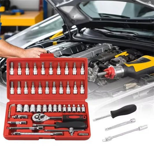 PRIDE 46pcs Socket Set Auto Repair Multi-functional 1/4 Inch Drive Socket Ratchet Wrench Set Round Edge Drive Socket Motorcycle Repair
