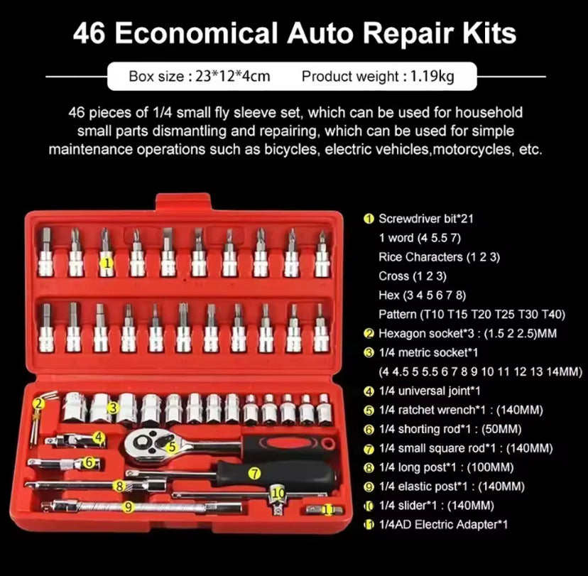 PRIDE 46pcs Socket Set Auto Repair Multi-functional 1/4 Inch Drive Socket Ratchet Wrench Set Round Edge Drive Socket Motorcycle Repair