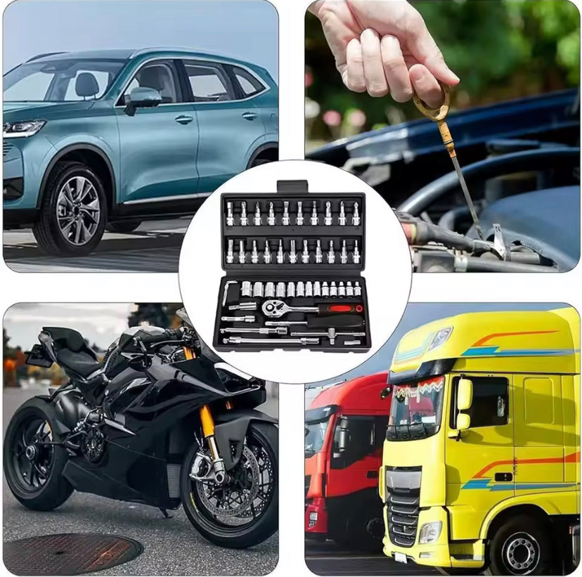PRIDE 46pcs Socket Set Auto Repair Multi-functional 1/4 Inch Drive Socket Ratchet Wrench Set Round Edge Drive Socket Motorcycle Repair