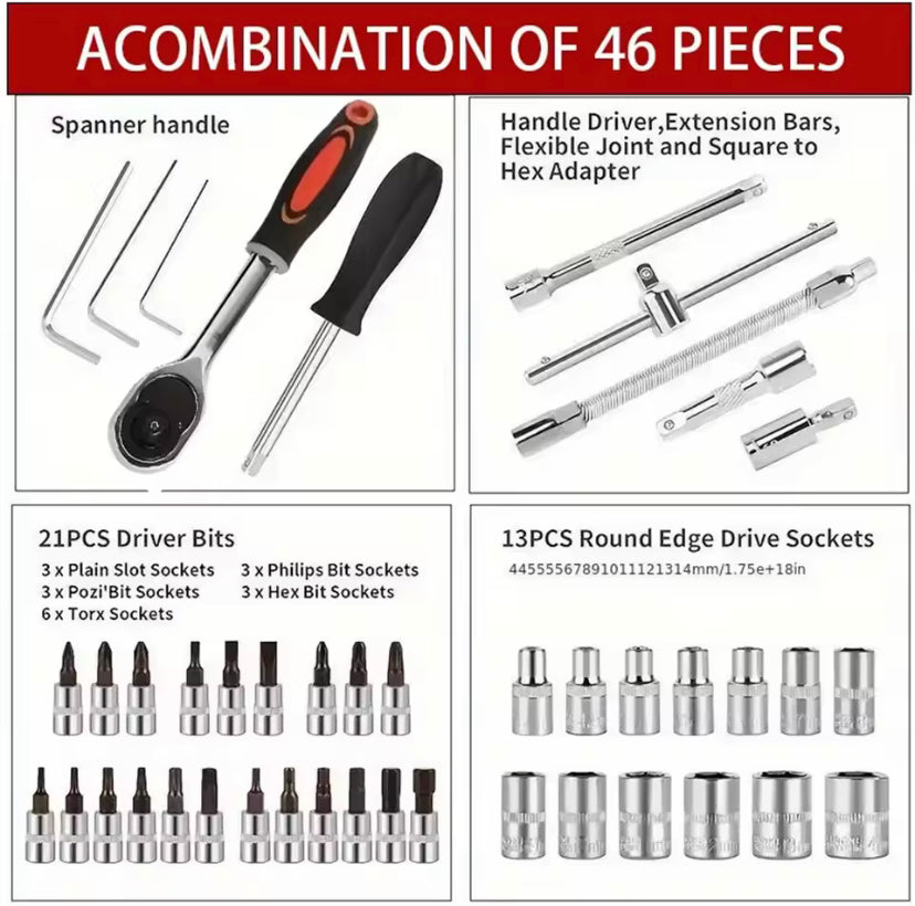 PRIDE 46pcs Socket Set Auto Repair Multi-functional 1/4 Inch Drive Socket Ratchet Wrench Set Round Edge Drive Socket Motorcycle Repair