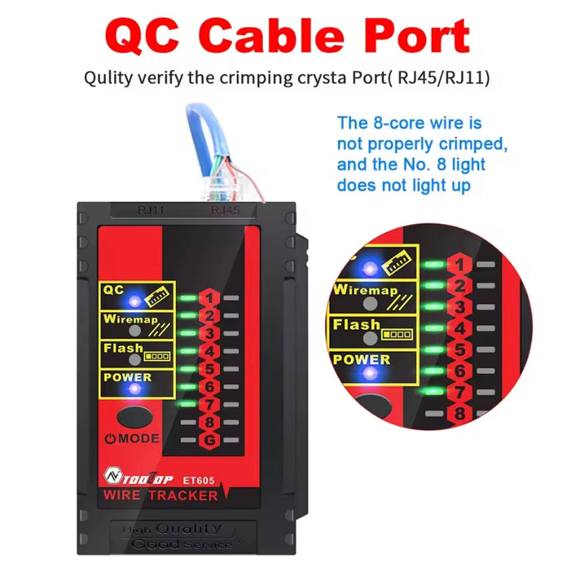 TOOLTOP ET605 Network Cable Tester RJ45/RJ11 Cable Port Test POE LAN Break Circuit Analyze Cable Tracing Line Maintenance Tool