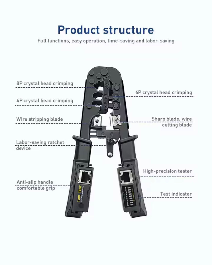 4 in 1 RJ45 Network LAN Cable Crimper Tester Pliers Cutting Ratchet Tool 8P/6P/4P Wire Cutter Tool Test Crimping Pliers