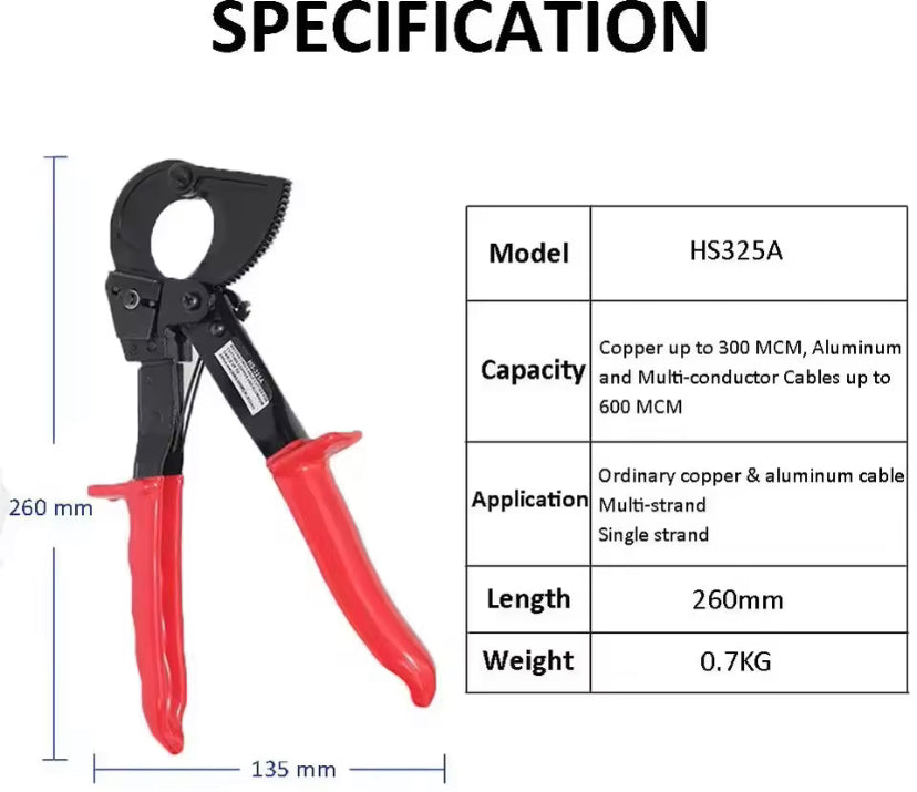 Ratchet Cable Cutter, Heavy Duty Wire Cutter for Aluminum Copper Cable, Ratcheting Wire Cutting Hand Tool HS-325A