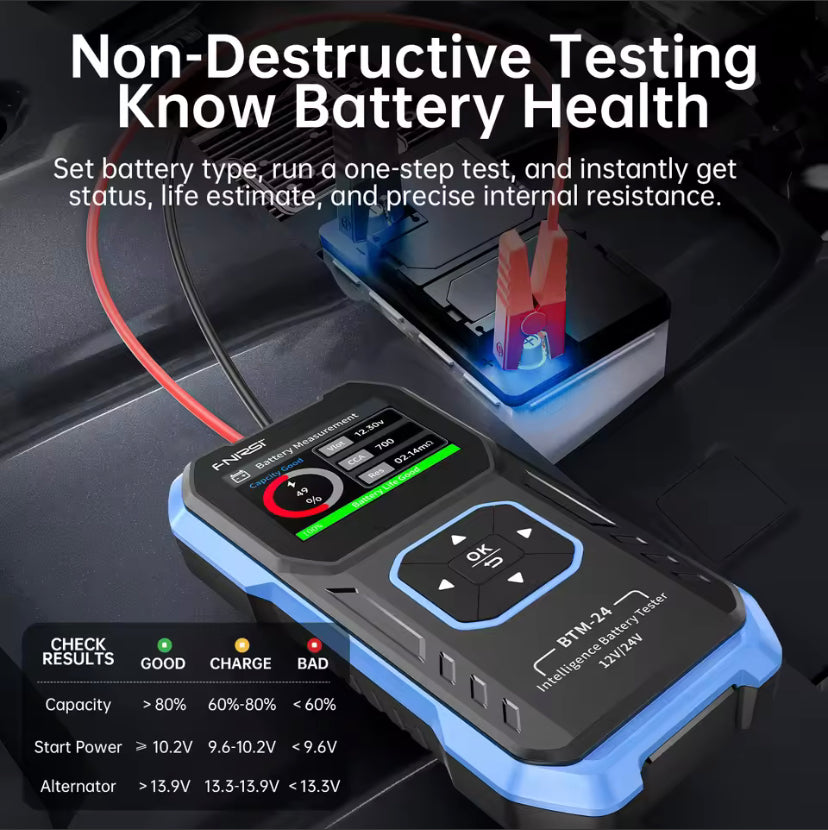 FNIRSI BTM-24 12V/24V Car Battery Tester 0-2000 CCA Automotive Battery Load Tester Cranking Charging Circut Diagnostic Tools