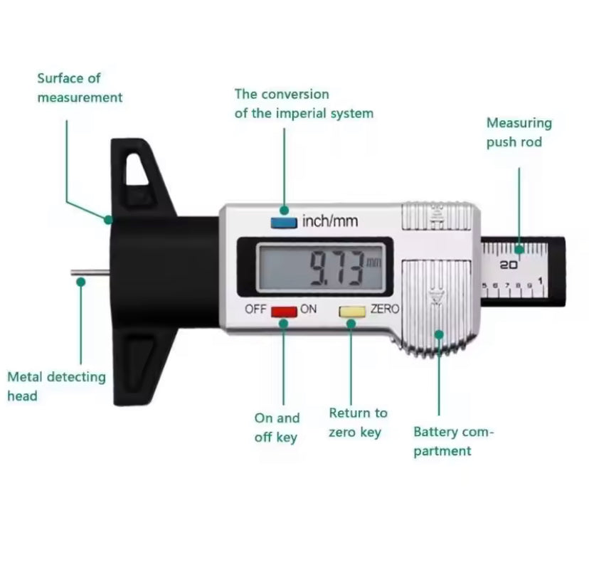 Digital Tread Depth Gauge Battery Operated Car Tire Meter Large Display Thickness Gauge High Precision Measuring Depth Caliper