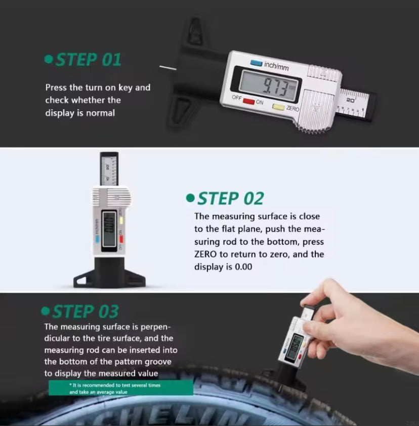 Digital Tread Depth Gauge Battery Operated Car Tire Meter Large Display Thickness Gauge High Precision Measuring Depth Caliper