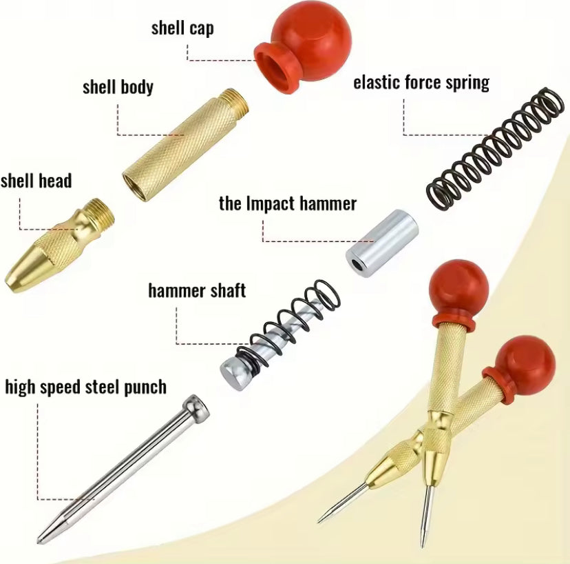 5inch Automatic Center Center Punch with Spring & Cushion Cap for Metal, Wood, Glass, Plastic - Golden Hand Tool