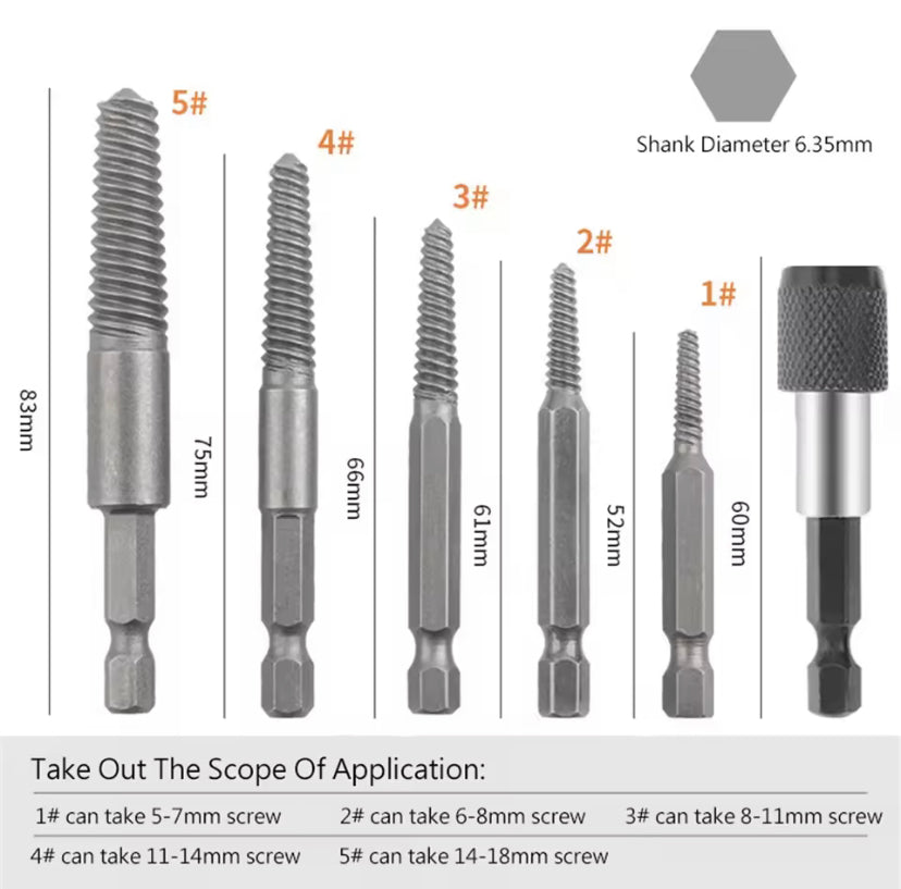 6Pcs Damaged Screw Extractor 1/4 Hex Shank Tool Set Broken Stripped Bolt Remover