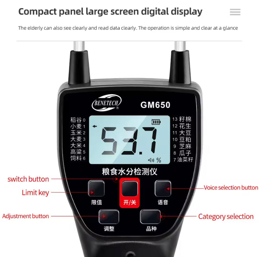 BENETECH GM650 Grain Moisture Meter LCD Digital Hygrometer Handheld Humidity Content Detector for Corn Wheat Rice Bean Barley Fodder